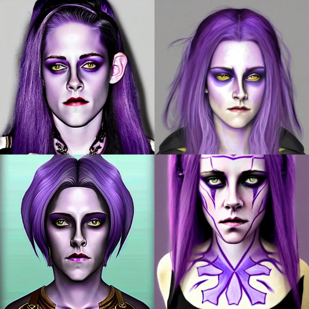 Prompt: head-on centered symmetrical painted portrait, violet-skinned! violet-skinned!!!!!!!! Kristen Stewart as a D&D wizard. dark-purple skin!!!!!!!! violet-skinned!!! violet-skinned!!!!!!! white hair!!! elf ears, fantasy, highly detailed, digital painting, smooth, sharp focus, illustration, dramatic lighting, artstation, in the style of Artgerm and Anna Podedworna and Alex Ross