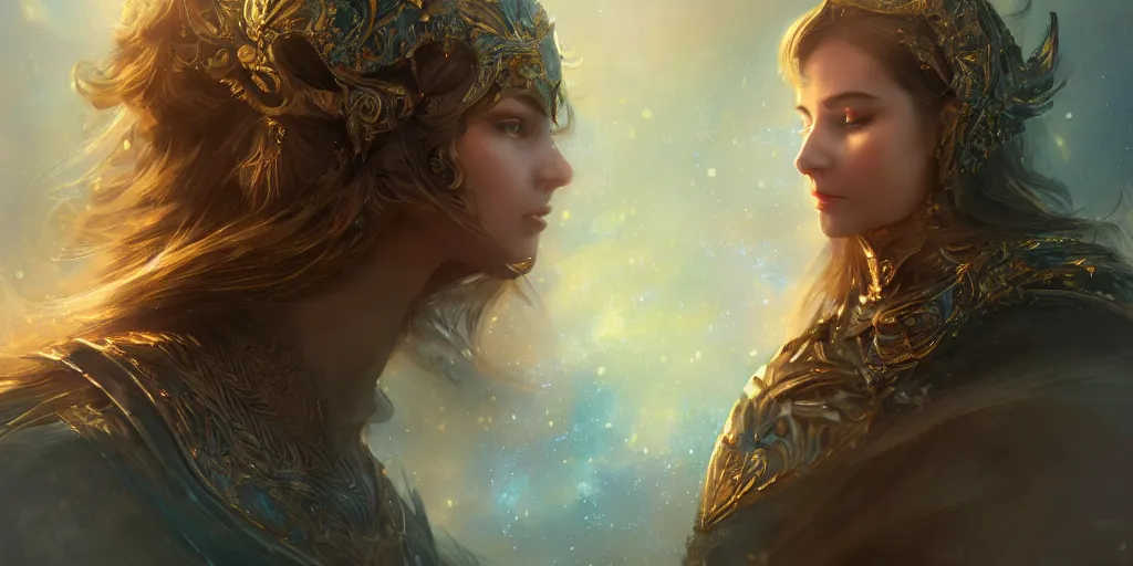 Image similar to the great beyond, beautiful woman in knights armor, sharp focus, intricate, elegant, digital painting, artstation, matte, highly detailed, concept art, illustration, volumetric lighting, gold and blue and pink color scheme, bokeh light, art by greg olsen and liz lemon swindle