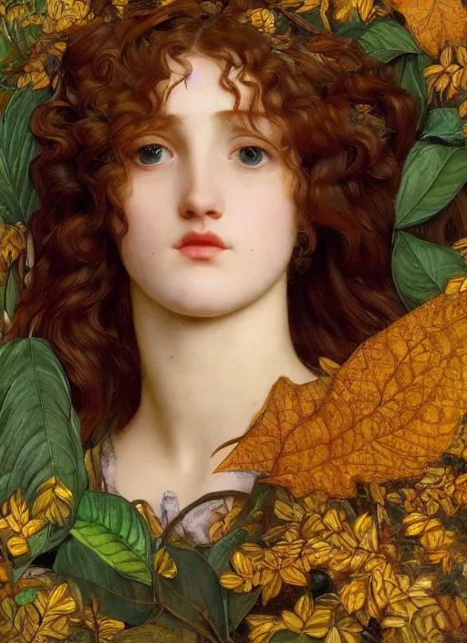 Prompt: masterpiece beautiful seductive flowing curves preraphaelite face portrait amongst leaves, extreme close up shot, straight bangs, thick set features, yellow ochre ornate medieval dress, magpie, amongst foliage mushroom forest circle arch framing, frederic leighton and kilian eng and rosetti, 4 k