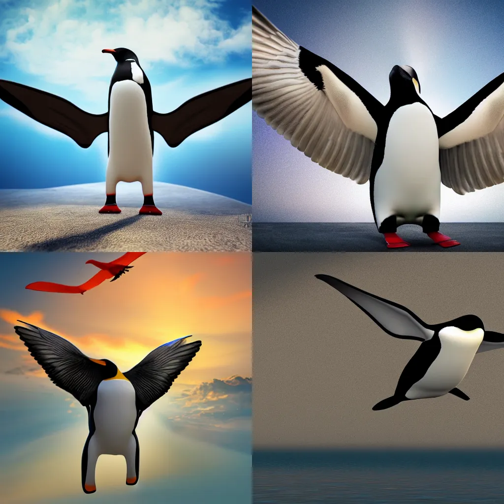 Prompt: a penguin with large wings flying in the sky, 8 k, ultra detailed