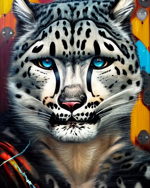 Image similar to a portrait of an anthropomorphic cyberpunk snow leopard by sandra chevrier, by jon foster, detailed render, tape deck, epic composition, cybernetics, 4 k realistic, cryengine, realistic shaded lighting, sharp focus, masterpiece, by enki bilal