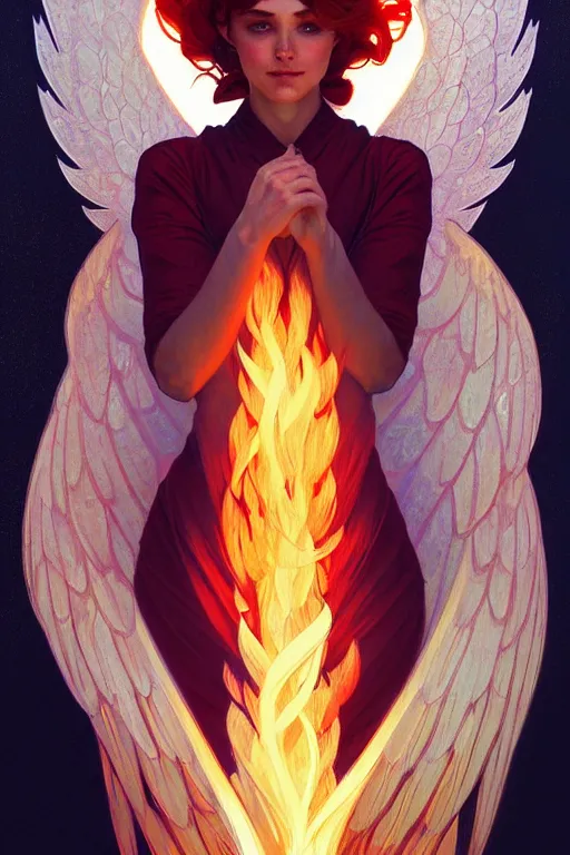 Prompt: a beautiful fire angel, fantasy, portrait, sharp focus, intricate, elegant, digital painting, artstation, matte, highly detailed, concept art, illustration, ambient lighting, art by ilya kuvshinov, artgerm, Alphonse mucha, and Greg Rutkowski