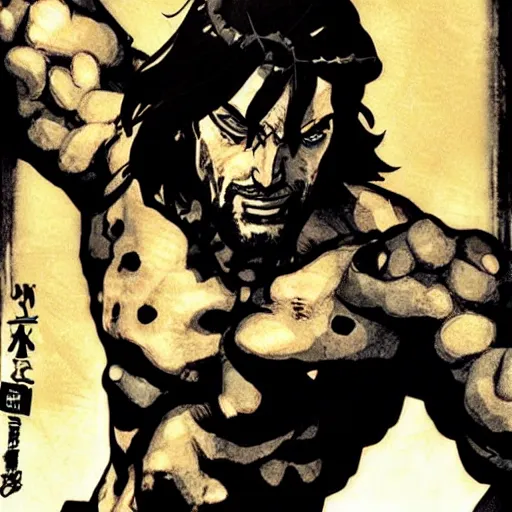 Image similar to jesus in a jojo pose, artwork by yoji shinkawa and shinkiro