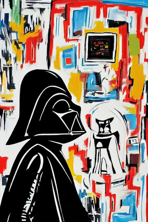 Image similar to an illustration of darth vader watching tv in the style of basquiat by margaret wise brown