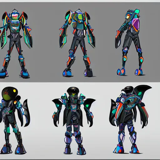 Image similar to character design sheets for an ancient manta ray battle mech flight suit, art by tim shafer from his work on psychonauts 2 by double fine, and inspired by splatoon by nintendo, blacklight