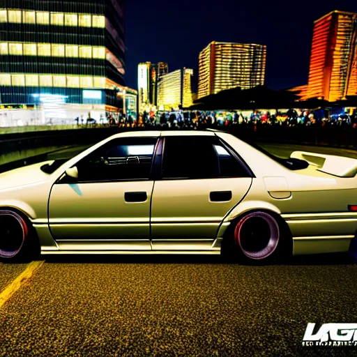 Prompt: a car JZX100 at illegal car meet, Chiba prefecture, city golden-hour mist lights, photorealistic, highly detailed, 85MM