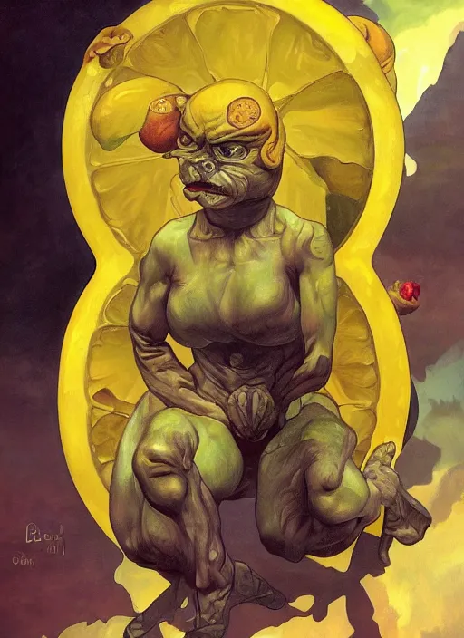 Image similar to renaissance grotesque full body portrait painting of angry crossfit lemon with a face in a lemon themed spaceship going to a lemon portal, superior, character redesign by lee bermejo and greg rutkowski and alphonse mucha