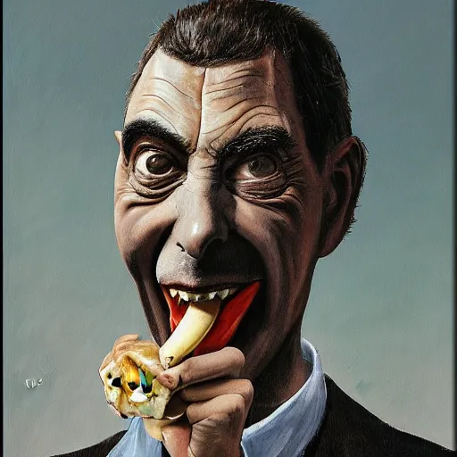 Prompt: A painting of Mr Bean eating a banana, by Giger