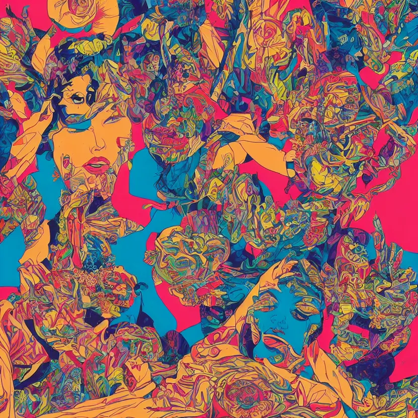 Image similar to album cover design in beautiful bright colors by tristan eaton and james jean