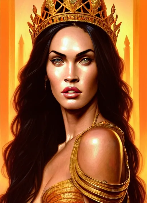 Image similar to portrait of megan fox as a queen, throne, jewelry, greek, orange, intricate, headshot, highly detailed, digital painting, artstation, concept art, sharp focus, cinematic lighting, illustration, art by artgerm and greg rutkowski, alphonse mucha, cgsociety