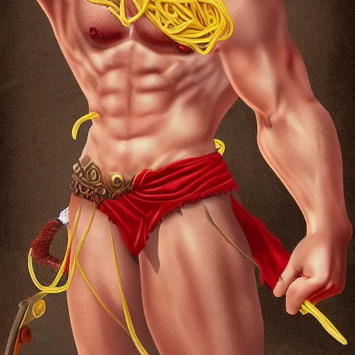Image similar to kratos wearing a bikini and eating spaghetti, detailed digital art