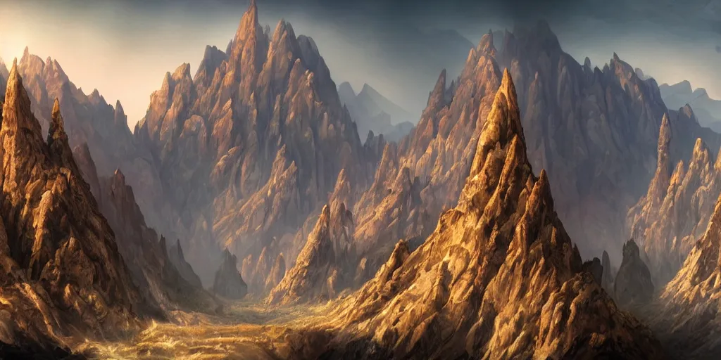 Image similar to beautiful matte painting of large evil mountains and canyons, fantasy