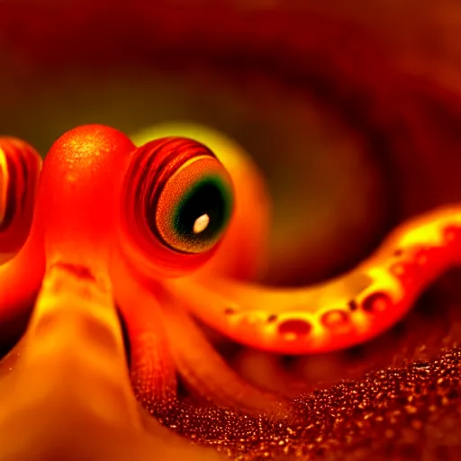 Image similar to fiery whimsical emotional eyes cephalopod, in a photorealistic macro photograph with shallow dof