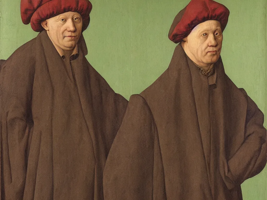 Prompt: portrait of a middle aged blind man. 21 th century clothes. Painting by Jan van Eyck