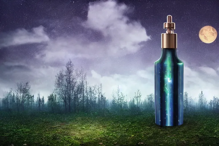 Image similar to giant perfume bottle in dark leaves and enchanted forest surreal photography, dark night, stars, moon light, impressionist painting, clouds, hyper - realistic, simon stalenhag