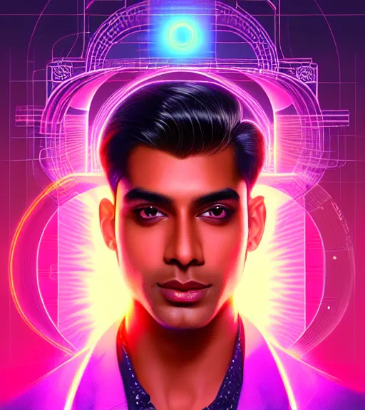 Image similar to symmetry!! indian prince of technology, solid cube of light, hard edges, product render retro - futuristic poster scifi, lasers and neon circuits, brown skin handsome indian prince, intricate, elegant, highly detailed, digital painting, artstation, concept art, smooth, sharp focus, illustration, dreamlike, art by artgerm