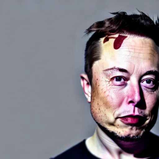 Prompt: Elon Musk with a giraffe neck, grungy, unkept hair, glowing eyes, modelsociety, radiant skin, huge anime eyes, RTX on, perfect face, directed gaze, intricate, Sony a7R IV, symmetric balance, polarizing filter, Photolab, Lightroom, 4K, Dolby Vision, Photography Award