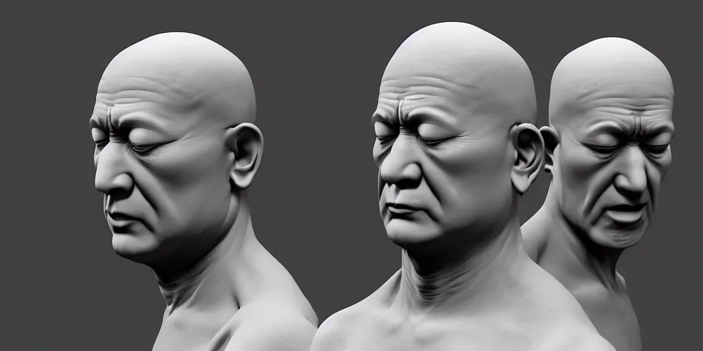 Image similar to hyperrealistic 3 d render of a bust of meditating monk in cyberpunk style, ultra realistic 8 k resolution.