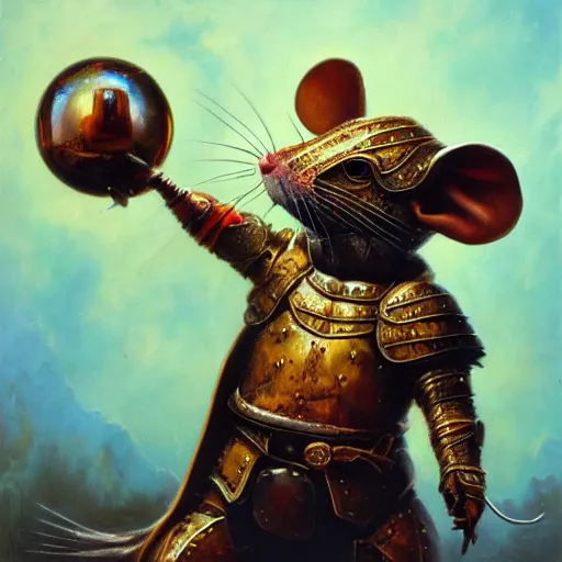 Image similar to armored mouse warrior reaches for floating crystal, famous oil painting, award winning, 8k scan