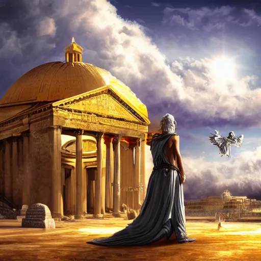 Image similar to young ancient greek woman in golden helmet, giant grey-haired bearded male face in the sky, marble pantheon palace in the sky, clouds background, epic fantasy style art, fantasy epic digital art