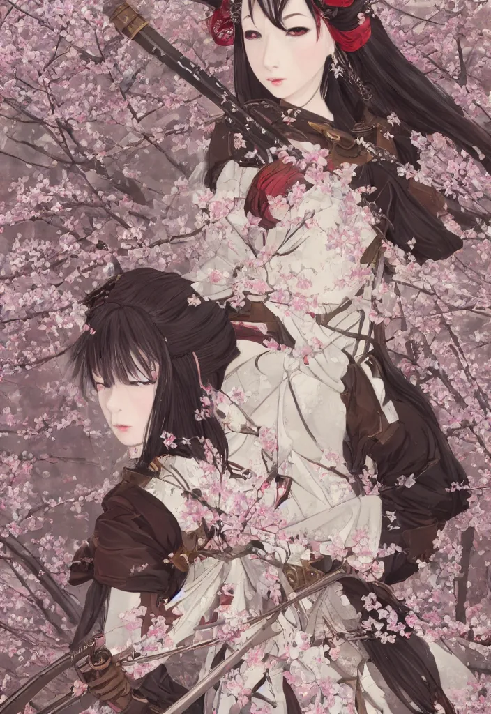 Image similar to detailed portrait of steampunk girl samurai with tachi and cross bow combat pose in snow forest sakura cherry blossom swan hakama kimono trending on artstation elite, elegant, luxury, by krenz cushart junji ito, perfect face, fine details, realistic shaded, fine - face, pretty face