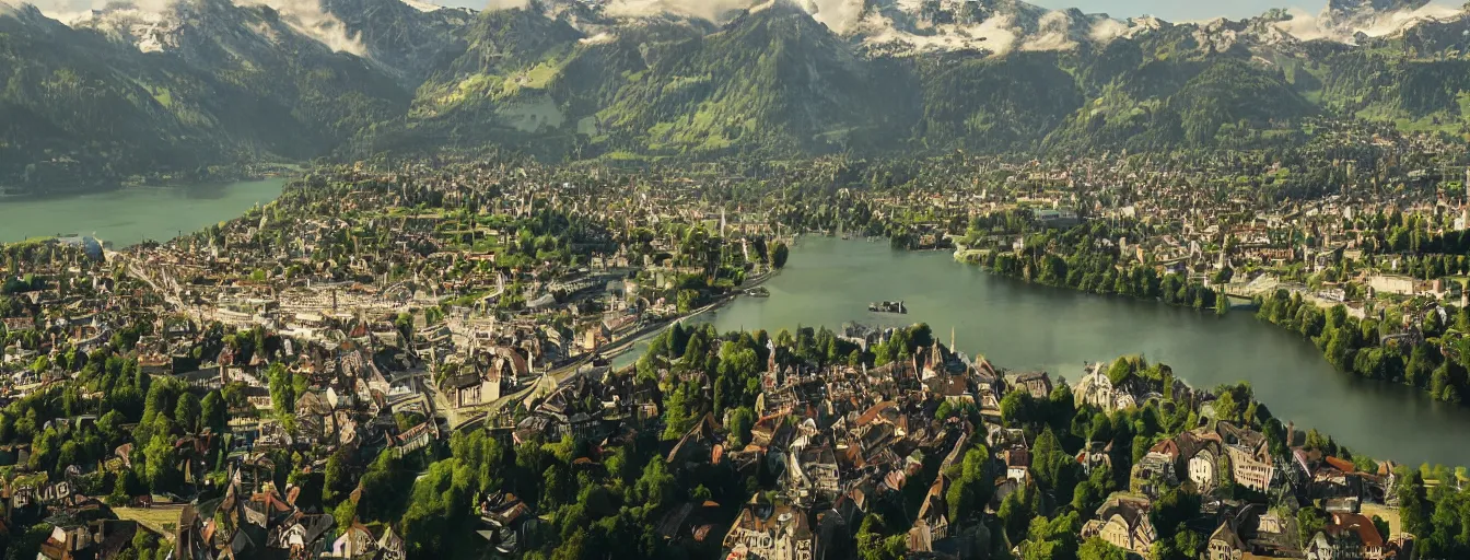 Image similar to Photo of Zurich, looking down the river at the lake and the alps, Hardturm, Grossmünster, wide angle, trees, volumetric light, hyperdetailed, green water, artstation, cgsociety, 8k