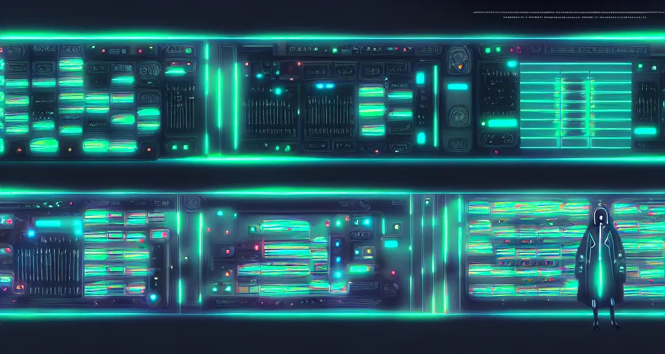 Image similar to a layout of amazing futuristic synthesizers, cinematic lighting, detailed, beautiful colors, by greg rutowski and studio ghibli