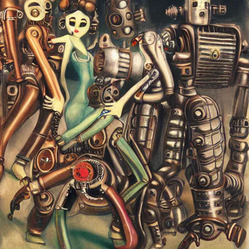 Prompt: steampunk robots dancing by otto dix