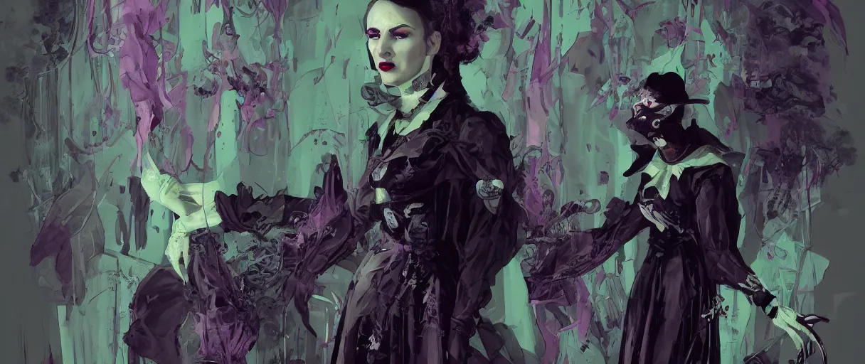 Image similar to duotone black and dark lilac dark olive green background comic noir illustration 3 / 4 view of portrait of iris von everec in dark gothic funeral clothes by sachin teng and sergey kolesov and ruan jia and heng z. graffiti art, scifi, fantasy, hyper detailed. octane render. concept art. trending on artstation