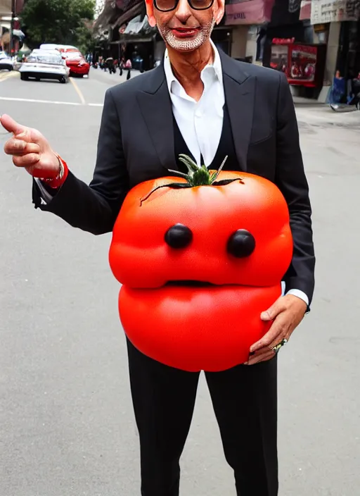 Image similar to jeff goldblum dressed up in a tomato costume