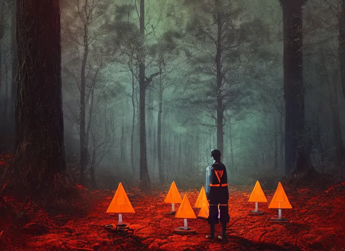 Image similar to a few orange safety cones in a beautiful strange forest, a black hair beast stands in the center distance, cinematic painting by james jean, atomspheric lighting, moody lighting, dappled light, detailed, digital art, limited color palette, wes anderson, 2 4 mm lens, surreal