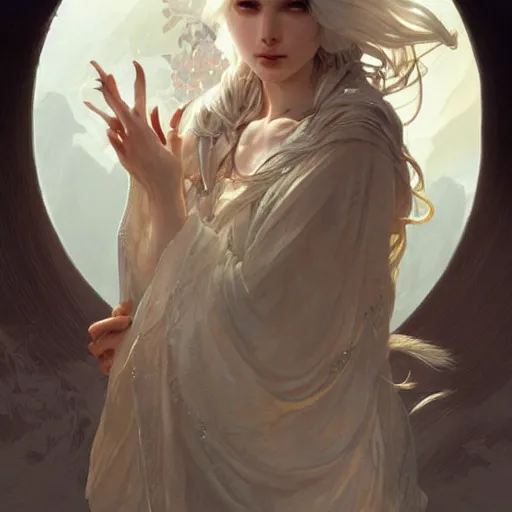 Prompt: white Maiden, highly detailed, digital painting, artstation, concept art, sharp focus, illustration, art by artgerm and greg rutkowski and alphonse mucha