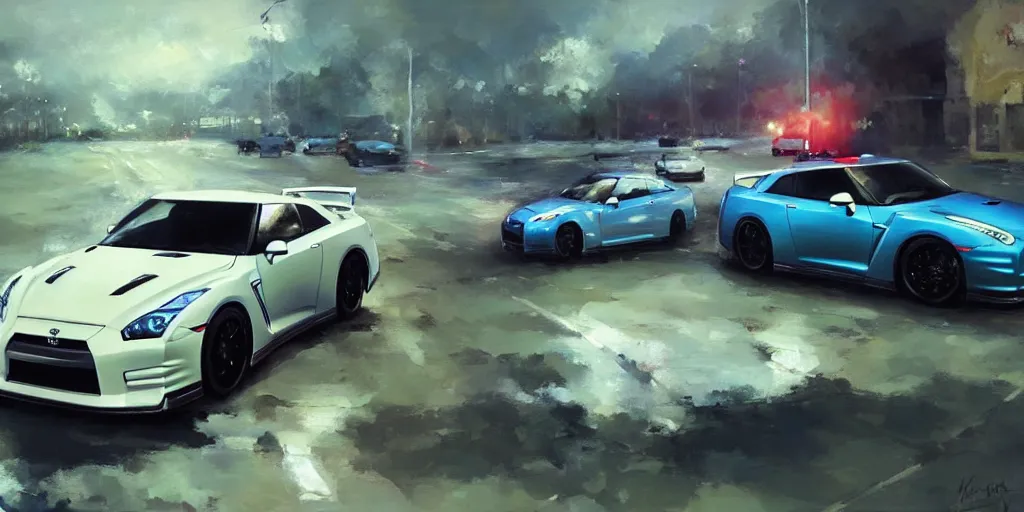 Image similar to A ultradetailed beautiful panting of Nissan GTR, Oil painting, by Ilya Kuvshinov, Greg Rutkowski and Makoto Shinkai