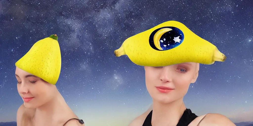 Image similar to banana hat in outer space, breathtaking realistic, photorealistic in the style of realism