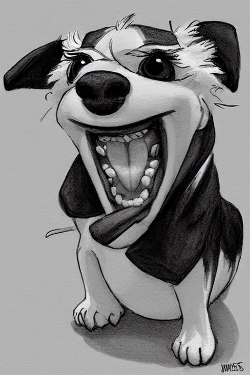 Prompt: cute jack black and white russel terrier smiling at the viewer, large round eyes, concept art, game art, character sheet, character design, sketch by cory loftis and bill schwab