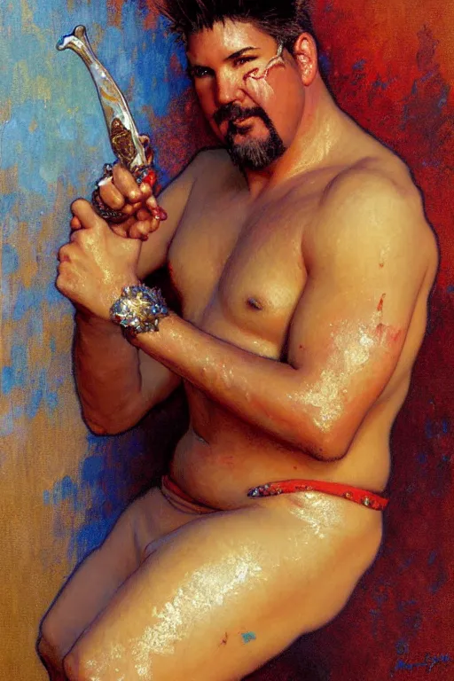 Prompt: guy fieri figure painting, painting by gaston bussiere, craig mullins, greg rutkowski, alphonse mucha