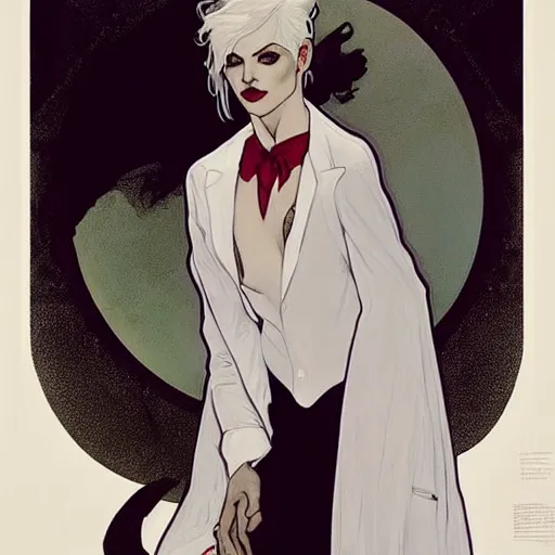 Prompt: comely portrait of androgynous ruby rose as desire from sandman in a white tuxedo!!!, rockabilly style,, by alphonse mucha, by jeremy mann, by peter lindbergh, dave mckean, by frank moth, white suit and black tie, soft lightning, high detailed, 8 k