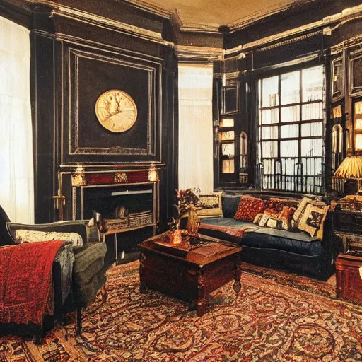 Prompt: a late 19th century London at night themed living room