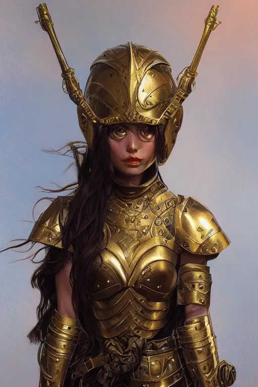 Prompt: attractive young girl, ornate metallic helmet, battle armor, olive skin, long dark hair, beautiful bone structure, elegant, highly detailed, digital painting, trending on Artstation, concept art, smooth, sharp focus, illustration, art by Gerald Brom and James Gurney and alphonse mucha