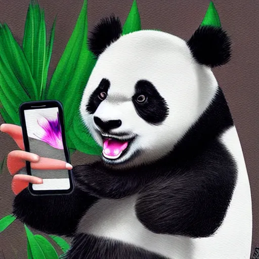 Prompt: A panda is making a selfie with an iPhone, digital art