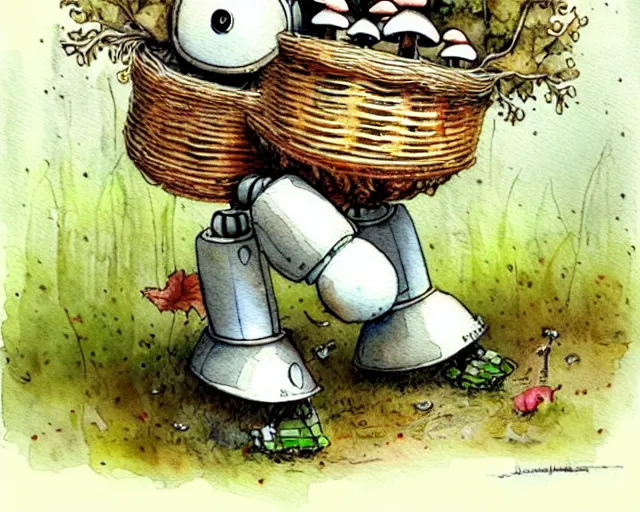 Image similar to a cute little robot walking in the forest picking mushrooms, holding a basket full of mushrooms, watercolor painting by jean - baptiste monge