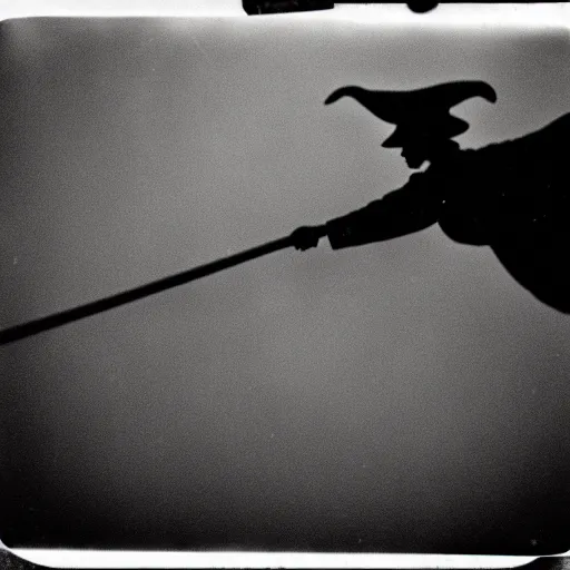 Prompt: pinhole camera photo of a witch flying on a broomstick