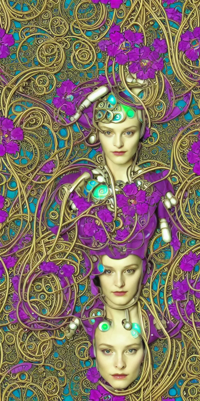 Image similar to seamless pattern of beautiful cybernetic robotic goddess with colorful flowers cartier jewelry and cables arranged in a art nouveau damask pattern, subsurface scattering, rainbow liquids, inside organic robotic tubes and parts, black background, symmetrical composition + intricate details, hyperrealism, wet, reflections + by alfonse mucha, no blur