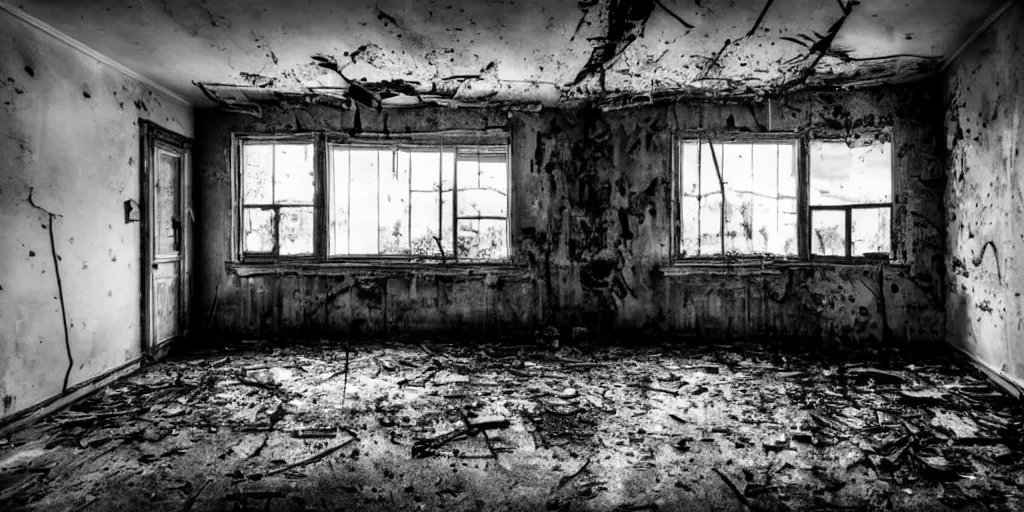 Image similar to a very dark room in a derelict house, black and white, grungy