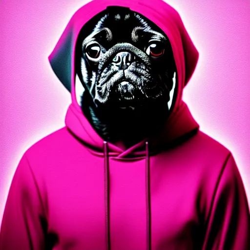 Image similar to a sad pug wearing a hoodie, the word ( sad ) is written on the hoodie in upper case letters, digital art, synthwave style, trending on artstation, matte painting