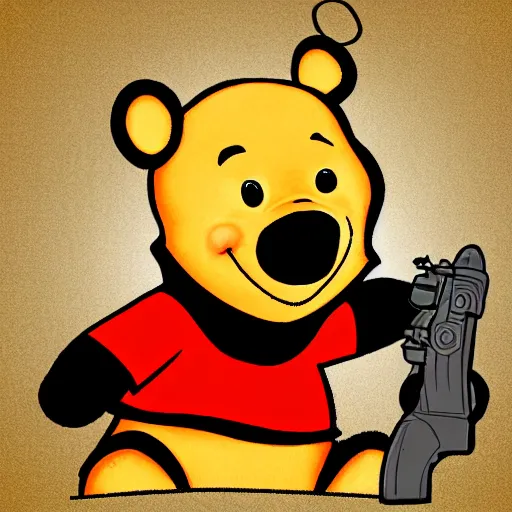 Prompt: animated 2 d styled portrait of whinnie the pooh with a gun