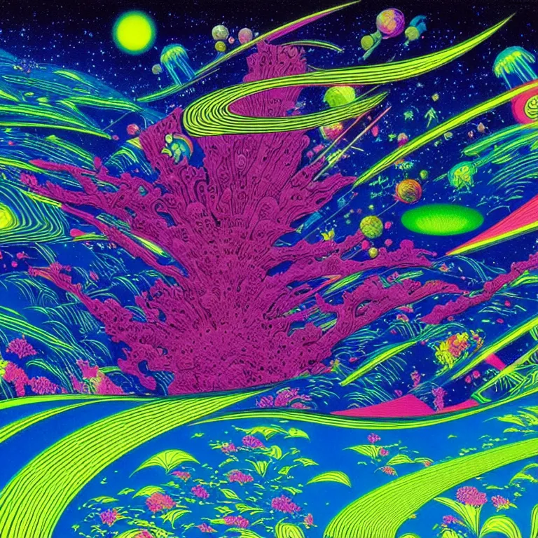 Image similar to edge of interstellar space, bright neon colors, highly detailed, cinematic, hiroo isono, eyvind earle, philippe druillet, roger dean, lisa frank, aubrey beardsley, ernst haeckel