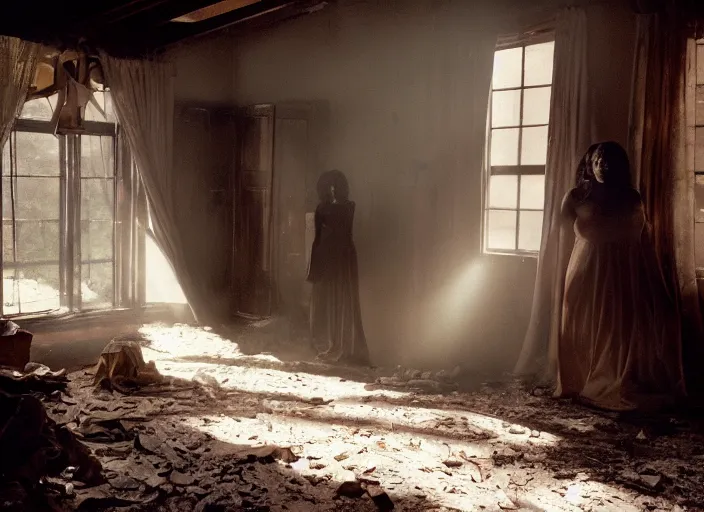 Prompt: cinematic screenshot of octavia spencer in an abandoned house surrounded by mannequins, screenshot from the tense being john malcovich thriller film ( 2 0 0 1 ) directed by spike jonze, dramatic backlit window, volumetric hazy lighting, moody cinematography, 3 5 mm kodak color stock, 2 4 mm lens, ecktochrome