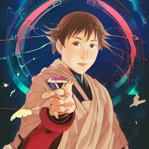 Prompt: portrait of a young jedi, last exile, akihito yoshida, yoshitoshi abe, alphonse mucha, loish, murata range, pixiv, film noir, bladerunner, cinematic,kyoto animation, cosmic, vibrant bright high contrasting colors, studio lighting, manga, anime, vibrant, beautiful, dreamy, gradation, ((space nebula background))