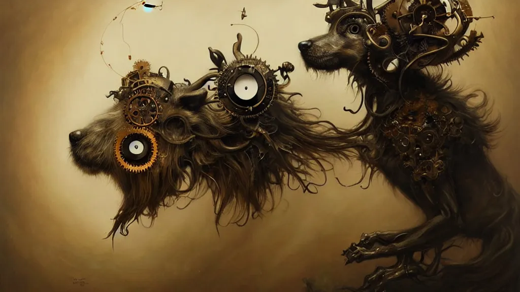 Prompt: a clockwork dog contemplating its owner, in the style of peter mohrbacher by weta digital and beth cavener, masterpiece, award winning, high face symmetry, intricatein the style of peter mohrbacher by weta digital and beth cavener, masterpiece, award winning, high face symmetry, intricate